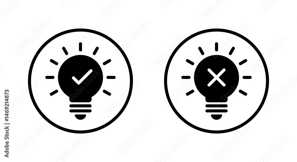 Aufkleber light bulb with checkmark and cross mark icon on circle line. creativity and stagnation sign symbol