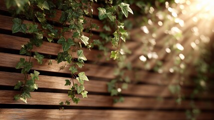 Natural Wooden Wall with Trailing Ivy and Sunlight Streaming Through