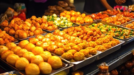 Assorted fried snacks on trays at a street food market