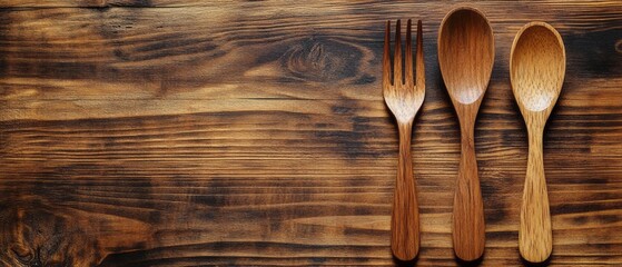 Wooden cutlery set on a rustic wooden table top