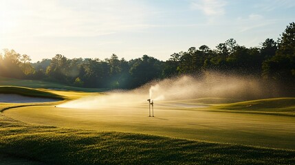 Refreshing golf course: Automatic sprinklers for pristine green fairway