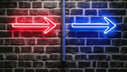 Obraz premium Contrasting neon arrows on brick wall. Choice, direction