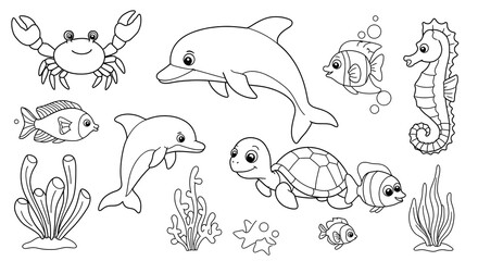 Cartoon Sea Animals Line Art Collection Featuring Dolphins, Turtle and More