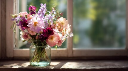Beautiful Spring Bouquet in Glass Vase on Sunny Windowsill