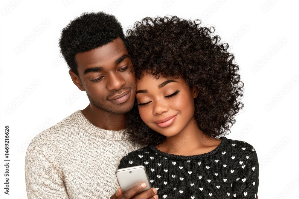 Aufkleber young couple smiling together while looking at a smartphone showcasing deep connection and joy in a 