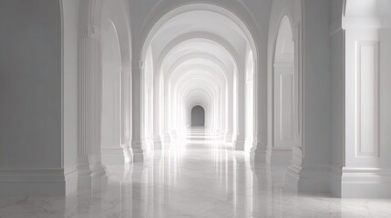 Fototapeta premium Elegant White Hallway with Clean Arches and Polished Marble Floor