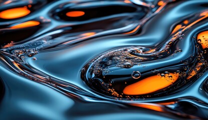 Shimmering, dark liquid with orange highlights and bubbles