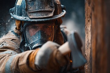 Brave firefighter in helmet and oxygen mask with axe ready for action at emergency situation, protection gear, first responder