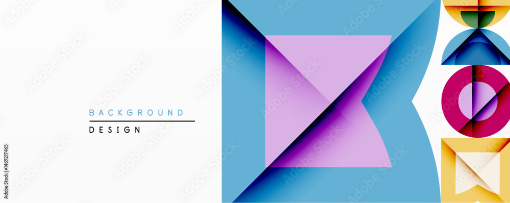 Poster Abstract geometric composition. Overlapping shapes create dynamic visual effect. Bright colorspurple, blue, red, yellowoffer modern aesthetic. Minimalist design suitable for backgrounds.