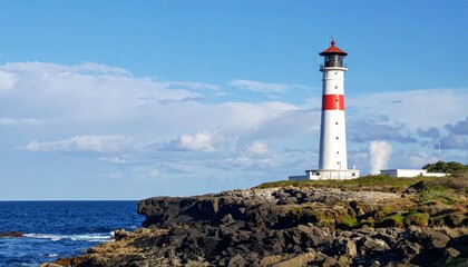 Scenic Lighthouse on Rocky Coastline with Clear Blue Sky