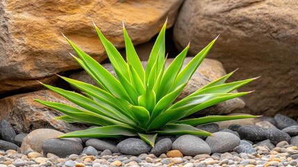 A yucca plant with sharp green leaves, growing in a rock garden, contrasting with the natural textures of stones and pebbles.