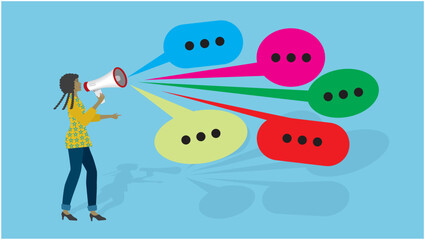 Woman shouting in megaphone. Tries to make her heard with loud voice. Dimensione 16:9. Vector illustration.