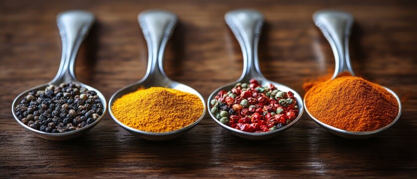 Colorful spices in vintage spoons on a rustic surface
