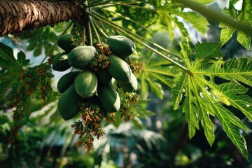 Close-up on Cluster of Green Papaya Fruits Hanging from a Tree with Distinctive Palm-like Leaves in Lush, Tropical Setting