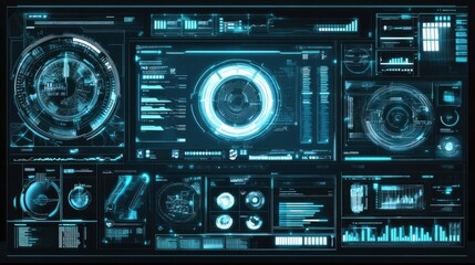 Futuristic digital dashboard with multiple data displays.  Complex information interface with various gauges, graphs, and indicators