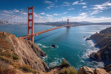 Iconic suspension bridge spanning the water, cliffs in foreground under a vibrant blue sky with scattered clouds, coastal scenery