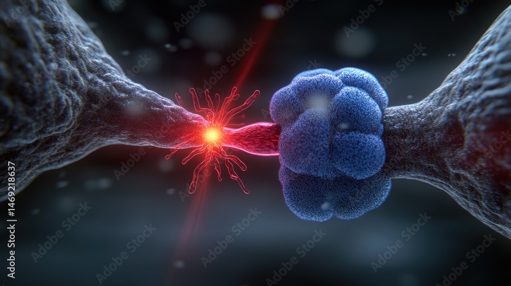 Poster close-up view of a neuronal synapse interaction.