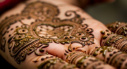 Intricate Henna Design on Hand, Close-Up View of Mehndi Art