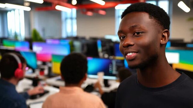 A Black male intern is smiling and interacting with coworkers in a vibrant tech workspace filled with colorful monitors