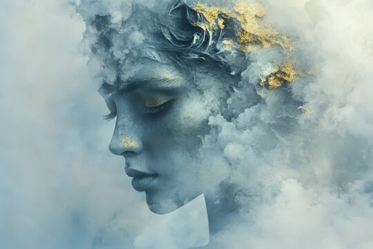 Blue abstract artwork featuring gray and gold on a light blue background created with alc