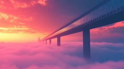 Surreal Bridge Above Cloudscape at Colorful Dawn: A Dreamlike Journey