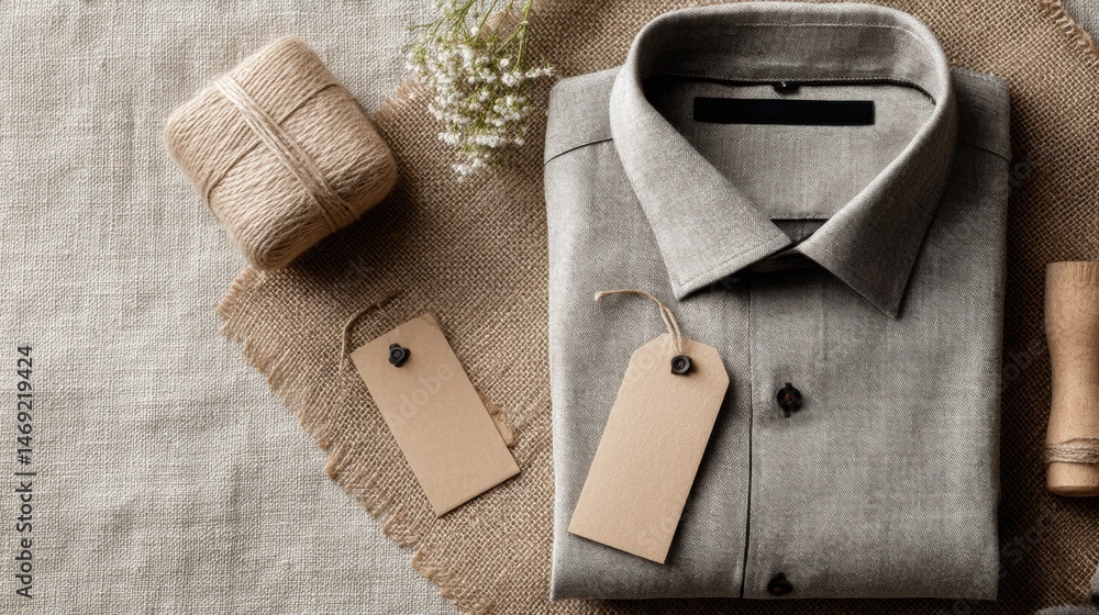 Aufkleber folded shirt with tags displayed on neutral fabric background showcasing minimalist style and a subt