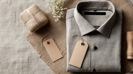 Folded Shirt With Tags Displayed on Neutral Fabric Background Showcasing Minimalist Style and a Subtle, Elegant Vibe Generative AI