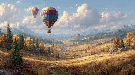 Obraz premium Two hot air balloons float over a valley nestled in mountains, bathed in autumn sunlight. Colorful foliage and a winding stream accentuate the picturesque landscape