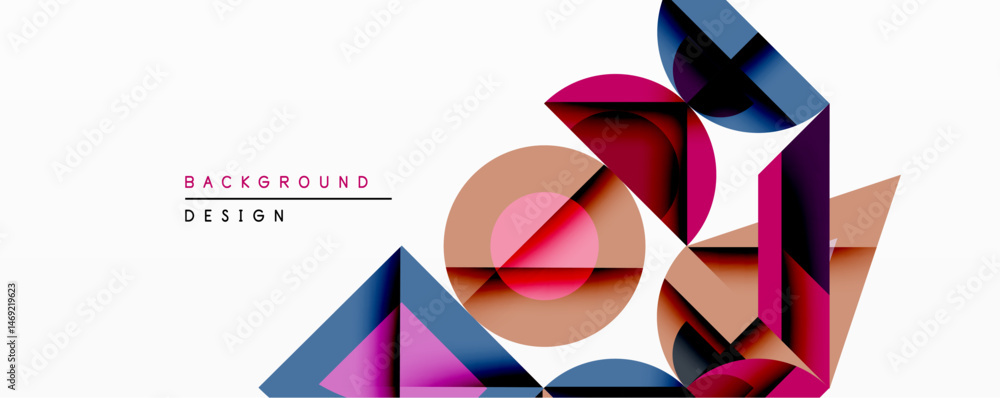 Poster Abstract geometric composition. Overlapping shapes create dynamic visual effect. Modern design utilizes gradients, vibrant colors, clean lines. Minimalist aesthetic.