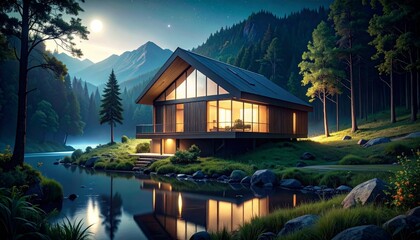 Tranquil Modern House by a Lake at Night with Mountain Backdrop