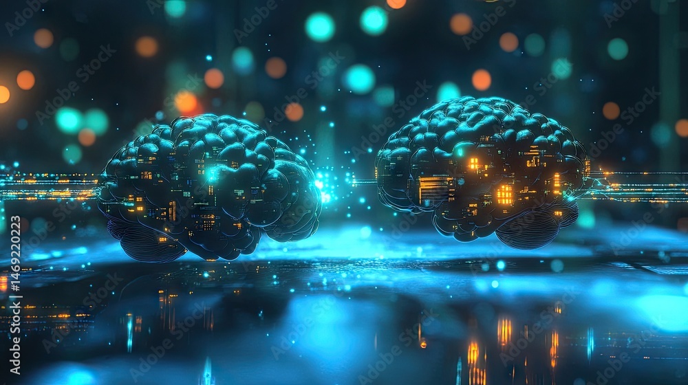 Poster futuristic representation of two interconnected brains.