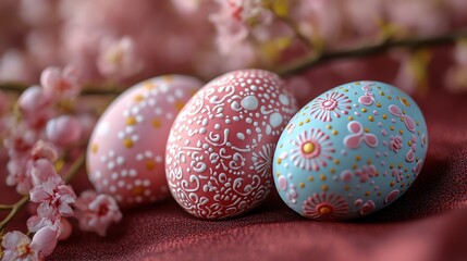 Obraz premium A collection of beautifully handdecorated Easter eggs featuring soft pastel patterns, perfect for festive celebrations.