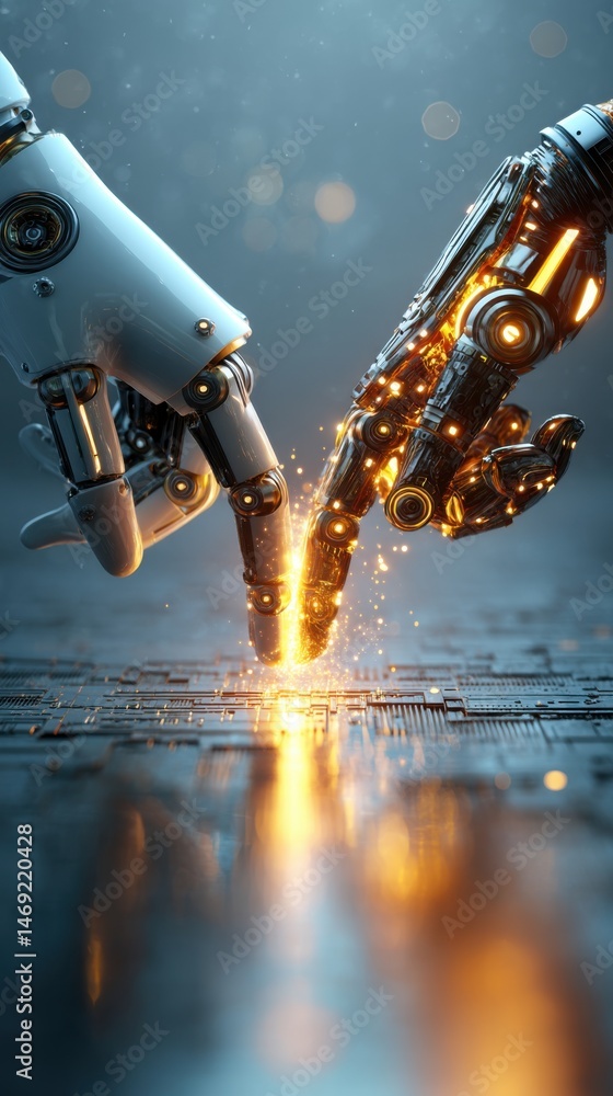 Poster two robotic hands touching creating sparks on dark surface