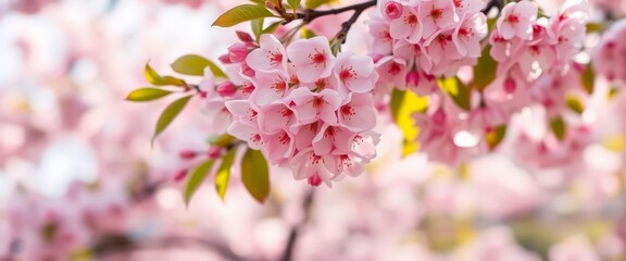 Obraz premium Soft pink cherry blossoms gently sway in spring's embrace, blurred background, closeup, fresh