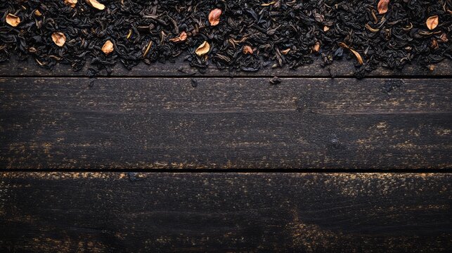 Dried tea leaves on a dark wooden surface.