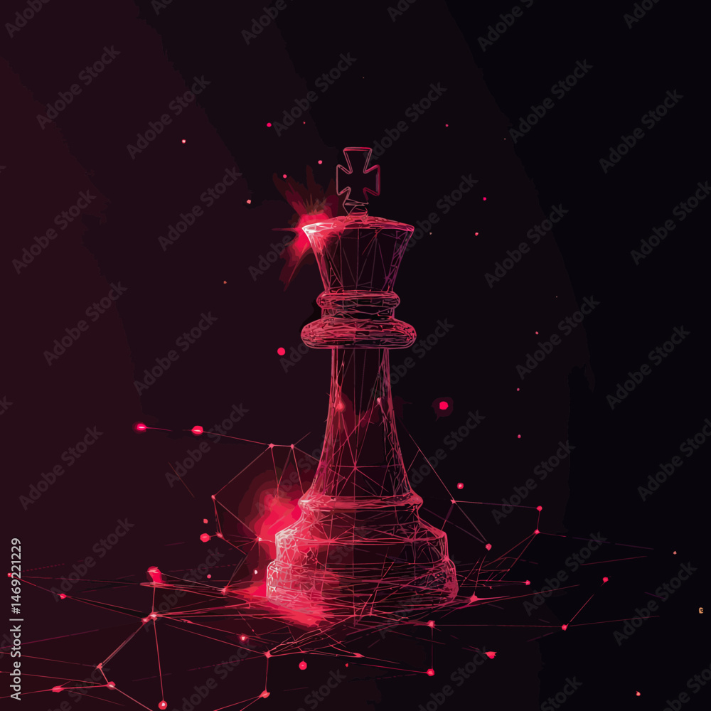 Poster abstract digital wireframe chess king piece with glowing red polygonal connections on dark backgroun