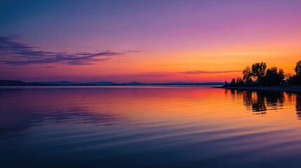 Obraz premium Serene Sunset Over Calm Lake with Orange and Purple Hues