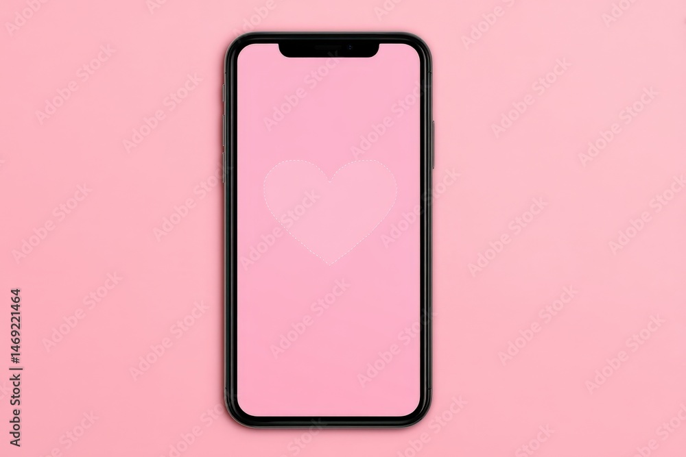 Poster minimalistic smartphone display on a soft pink backdrop featuring a heart shape symbolizing love con