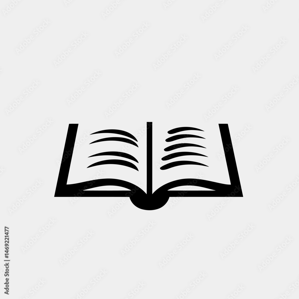 Poster minimalist black and white flat vector icon of open book with visible text lines on plain light back
