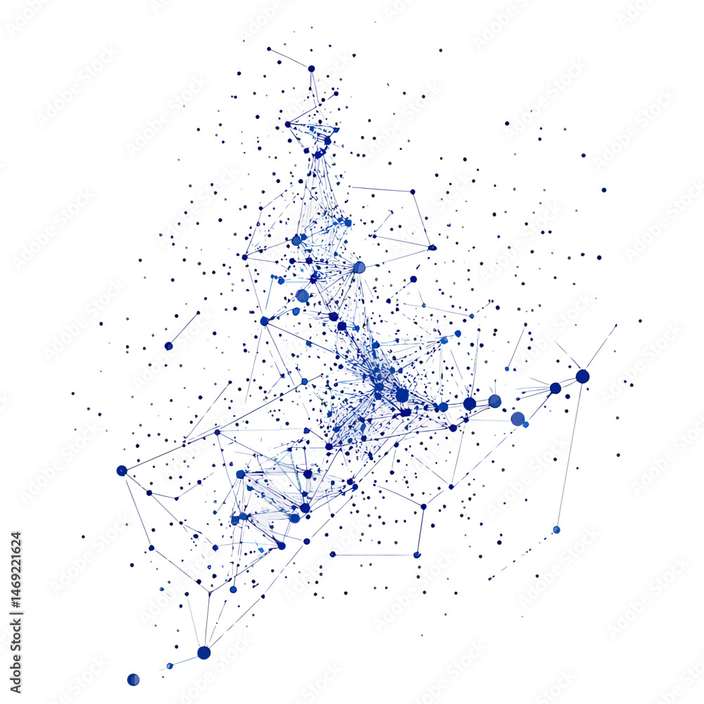Poster abstract network connections with blue nodes and lines representing data points and digital communic