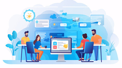 Modern flat vector illustration showing remote team working digitally from various locations using laptops and communication tools.

