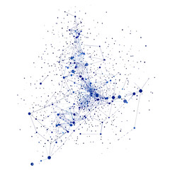 Abstract network connections with blue nodes and lines representing data points and digital communication in a minimalist white background vector illustration