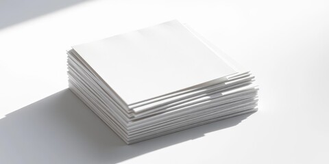Stack of crisp white square paper tags casting a soft shadow on a clean surface, branding, card stock
