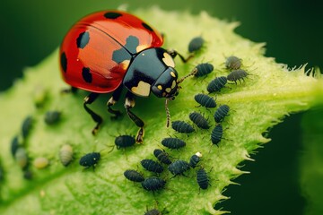 Fototapeta premium Close up of a red ladybug and aphids on a garden leaf