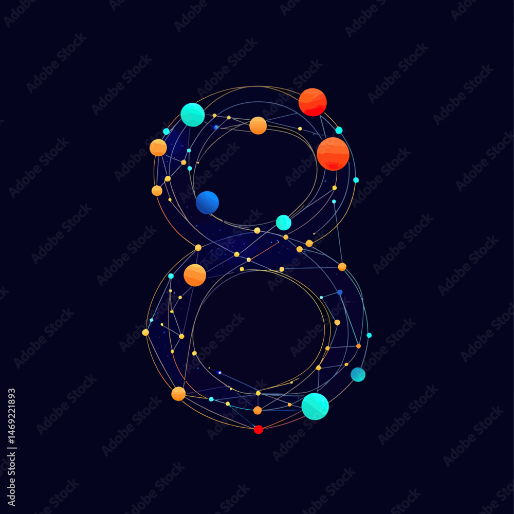 Poster abstract number eight formed by connected colorful planets and stars with constellation lines on dar