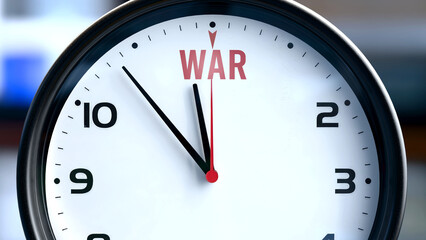 War that is going to happen soon. Incoming war, approaching in the near future. War almost here, in a short time - a clock symbolizes a reminder that war is near. ,3d illustration