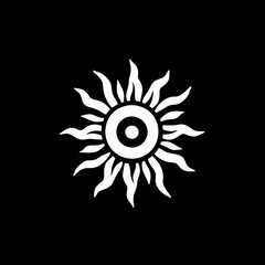 Stylized black and white sun icon with wavy rays and concentric circles in minimalistic flat vector design ideal for energy and nature themes