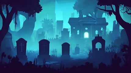 Mystical Night Cemetery Landscape.