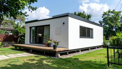 Modern Minimalist Home Surrounded by Lush Greenery and Clear Sky