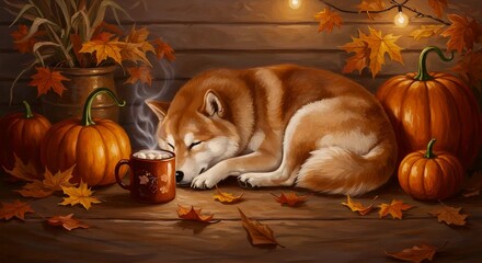 Cozy Autumn Nap: Shiba Inu and Pumpkins